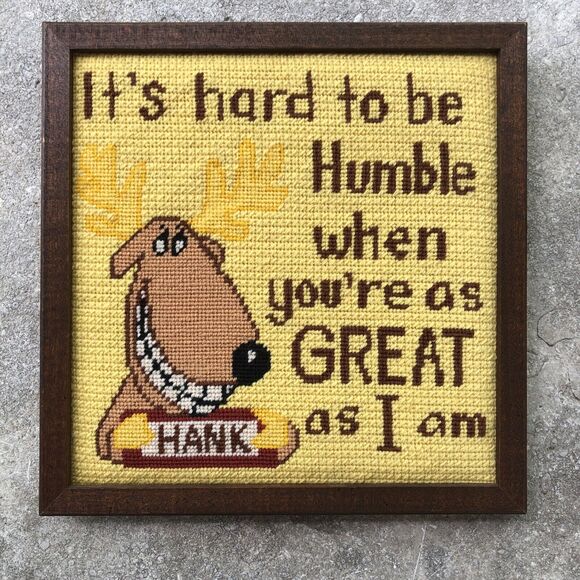 Completed Needlepoint Moose "Hard to Be Humble" Framed Picture 11" x 11" Vintage - Picture 1 of 8